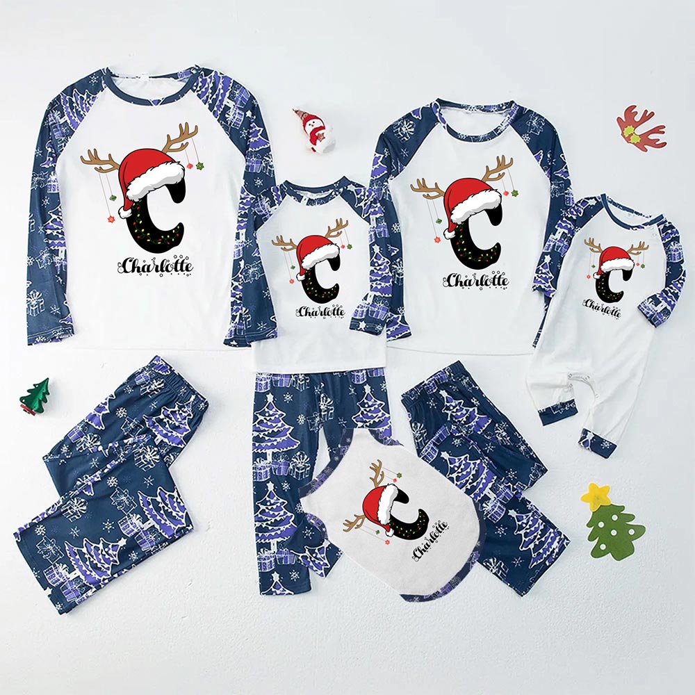 Blue And White Personalized Name Christmas Pajamas With Dog Blue And White Personalized Name Christmas Pajamas With Dog