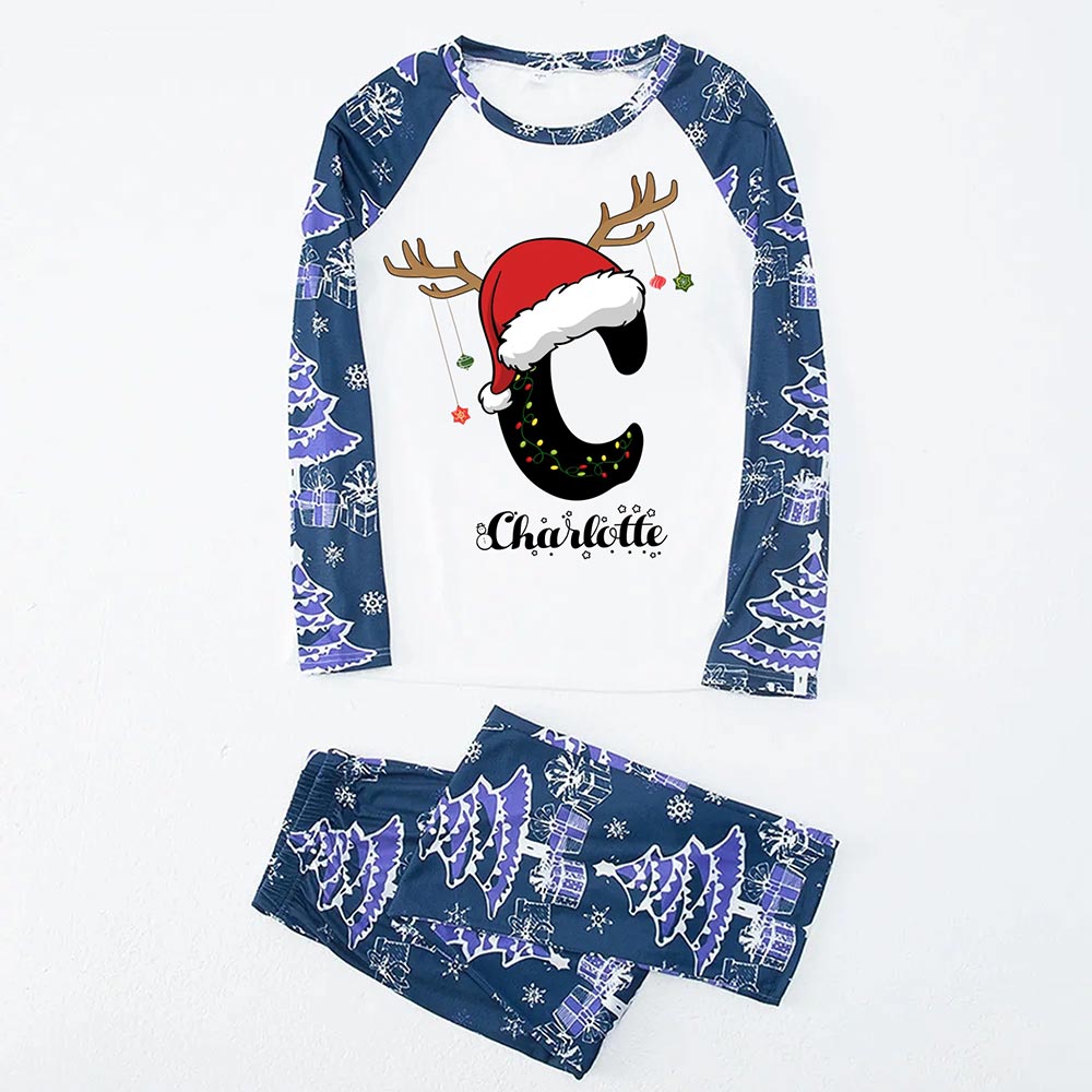 Blue And White Personalized Name Christmas Pajamas With Dog Blue And White Personalized Name Christmas Pajamas With Dog