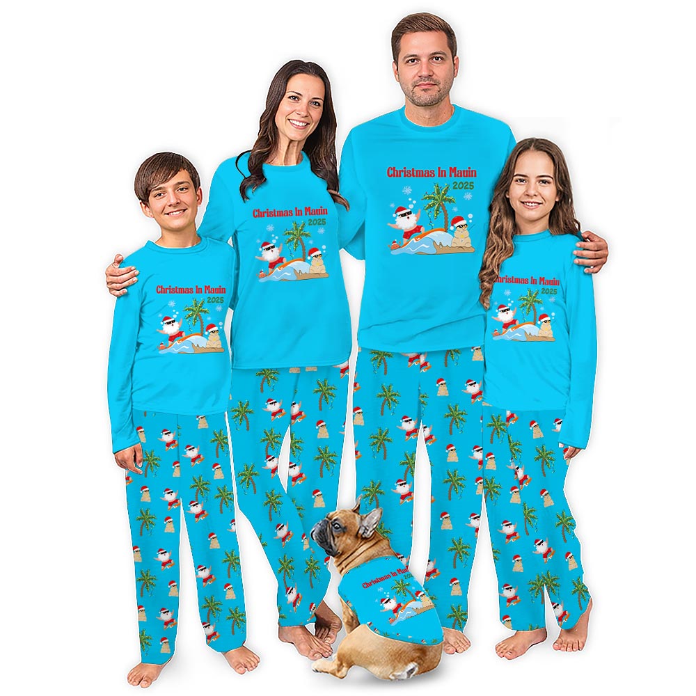 Personalized Tropical Beach Christmas Matching Family Pajamas Blue Personalized Tropical Beach Christmas Matching Family Pajamas Blue