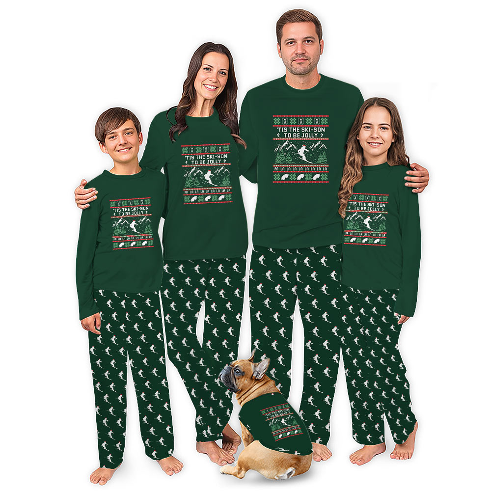 Matching Family Ski Pajamas With Handy Pockets And Saying Tis The Skison To Be Jolly Matching Family Ski Pajamas With Handy Pockets And Saying Tis The Skison To Be Jolly