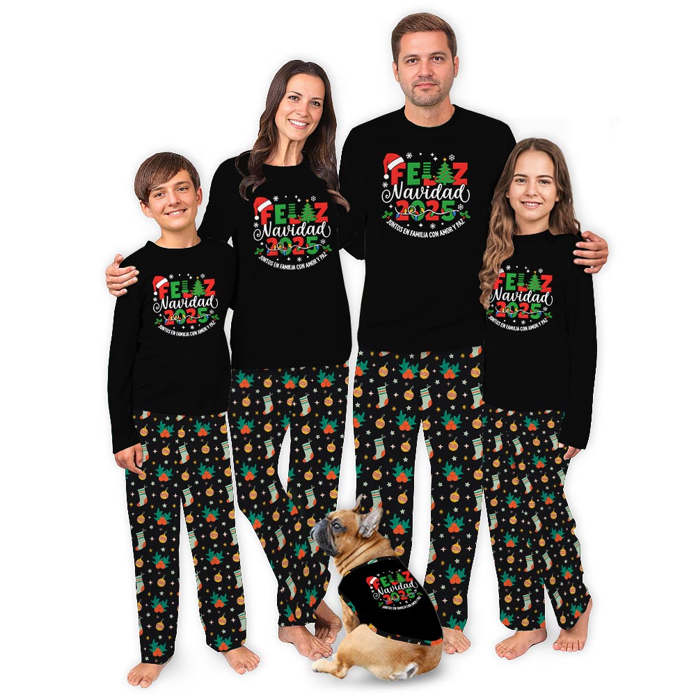 Black Christmas Feliz Navidad Family Matching Pajamas Plus Size with Custom Quote Black Christmas Feliz Navidad Family Matching Pajamas Plus Size with Custom Quote