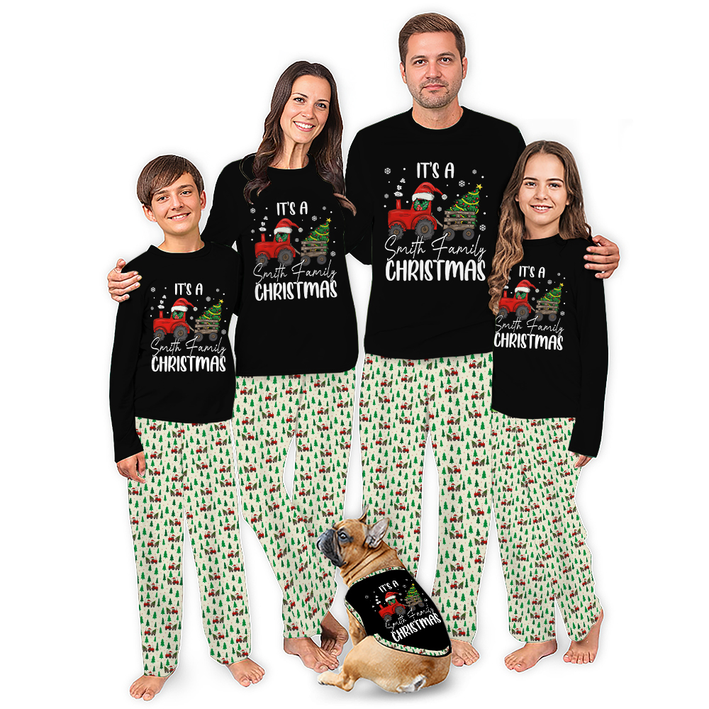 Name Personalized Family Christmas Pajamas With Tractor Design Name Personalized Family Christmas Pajamas With Tractor Design