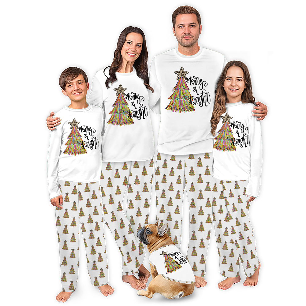 Merry and Bright Christmas Tree Matching Family Pajamas White Merry and Bright Christmas Tree Matching Family Pajamas White