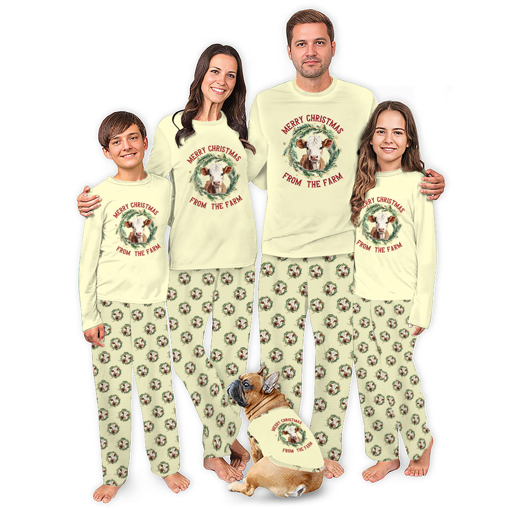 Highland Cow Christmas Pajamas With Adorable Wishing Merry From The Farm Highland Cow Christmas Pajamas With Adorable Wishing Merry From The Farm