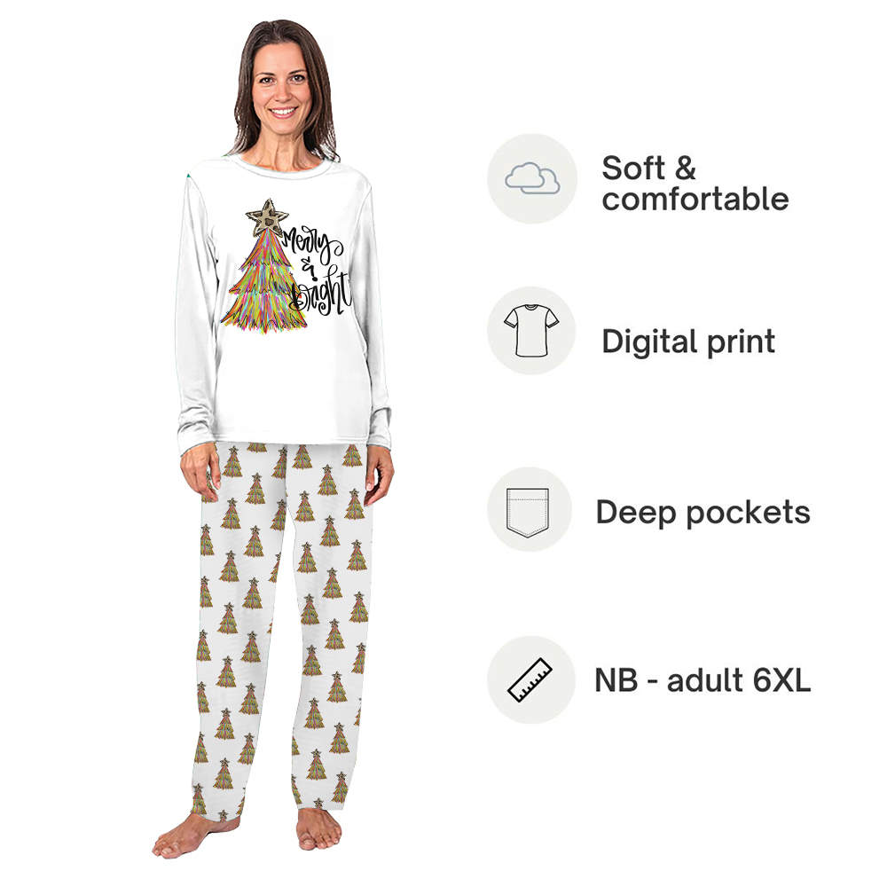 Merry and Bright Christmas Tree Matching Family Pajamas White Merry and Bright Christmas Tree Matching Family Pajamas White