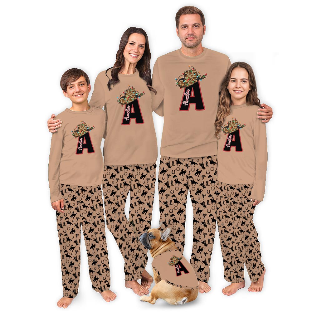 Brown Personalized Western Cowboy Christmas Family Pajamas With Name Brown Personalized Western Cowboy Christmas Family Pajamas With Name