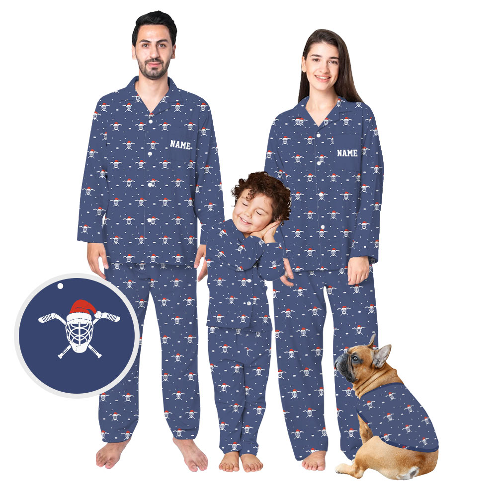 Personalized Name Hockey Button Up Family Christmas Pajamas