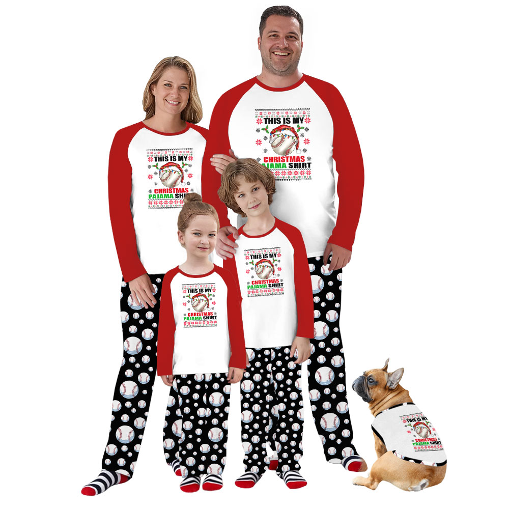 Red and White Family Christmas Pajamas With Festive Baseball Print Red and White Family Christmas Pajamas With Festive Baseball Print