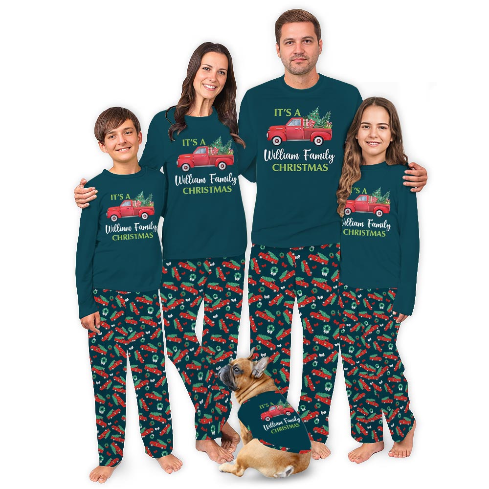 Name Personalized Holiday Pajamas with Red Christmas Truck Name Personalized Holiday Pajamas with Red Christmas Truck