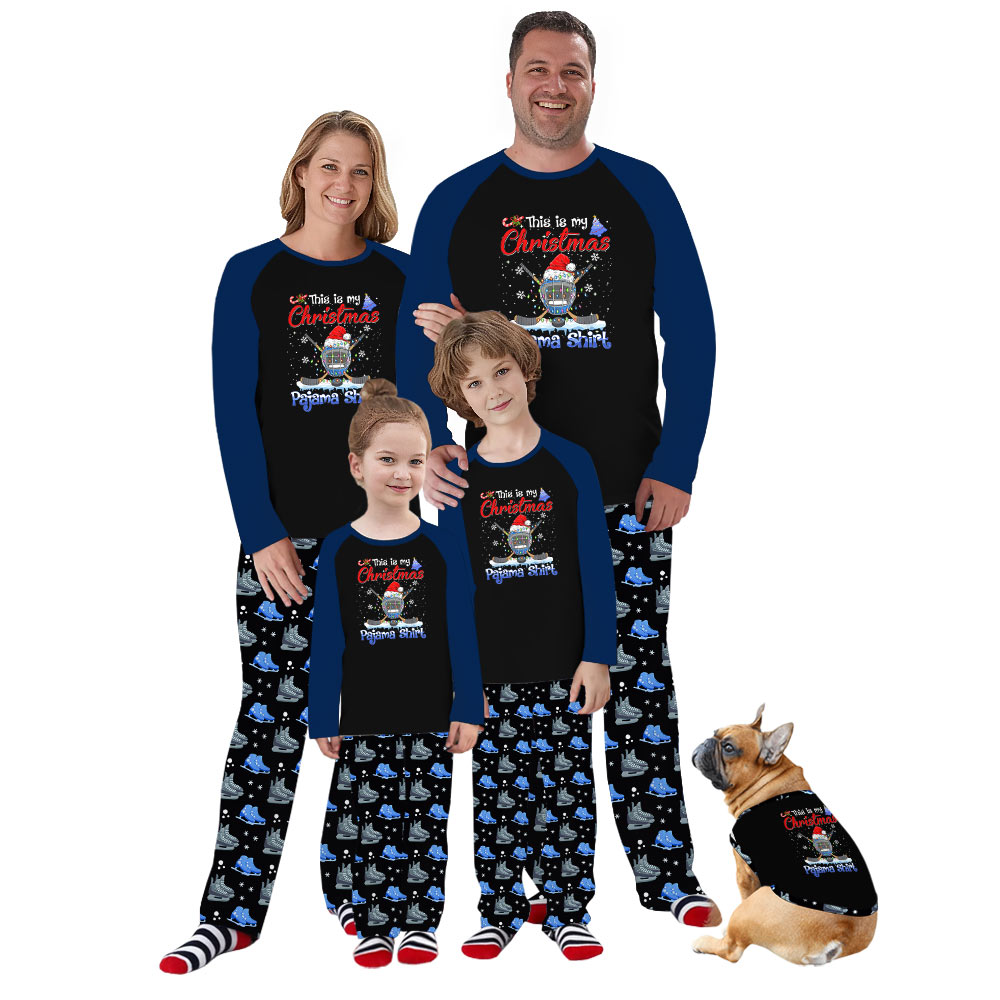 Festive Christmas Hockey Family Pajamas With Dog Festive Christmas Hockey Family Pajamas With Dog