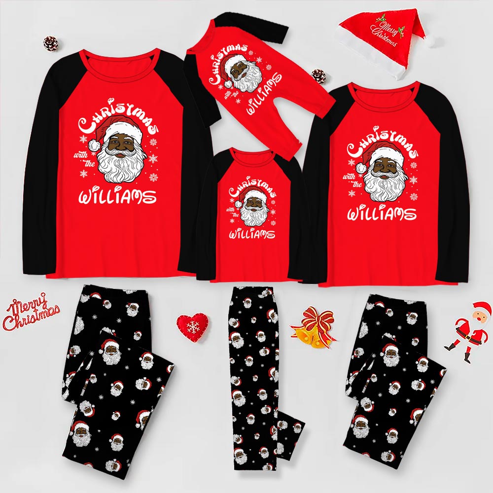 Santa Black Family Christmas Pajamas With Dog and Name Custom Santa Black Family Christmas Pajamas With Dog and Name Custom
