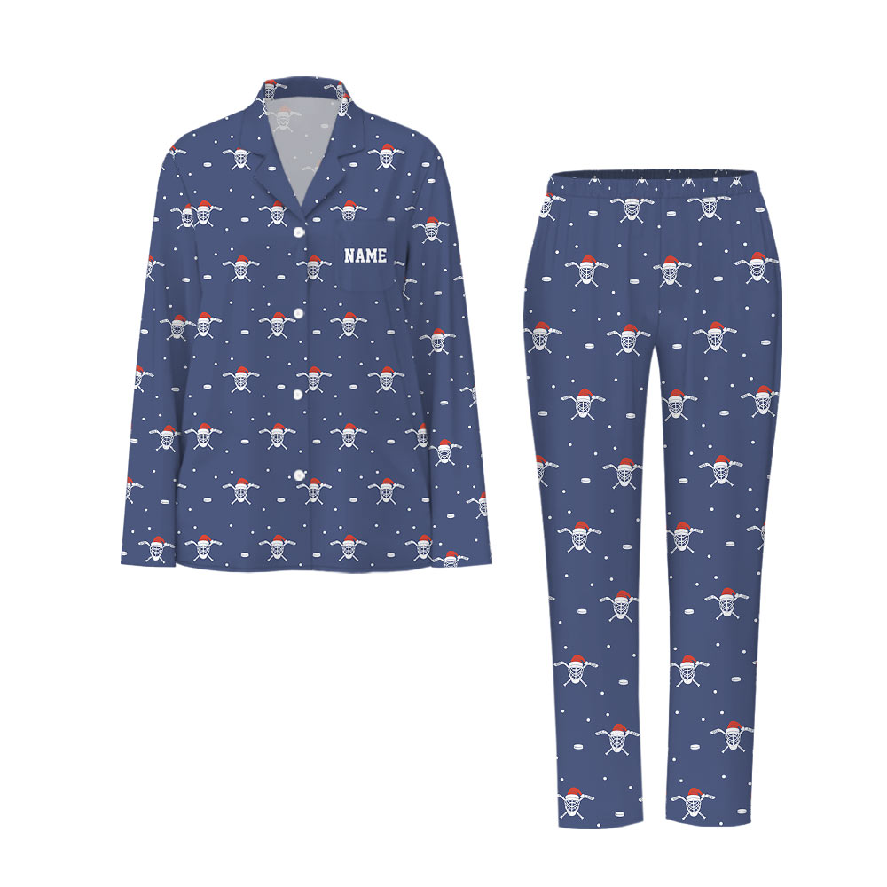 Personalized Name Hockey Button Up Family Christmas Pajamas