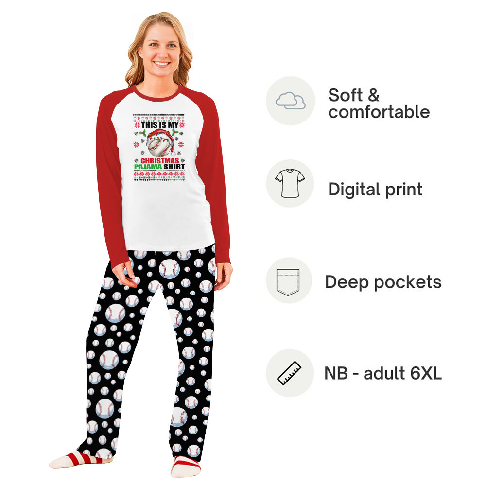 Red and White Family Christmas Pajamas With Festive Baseball Print Red and White Family Christmas Pajamas With Festive Baseball Print
