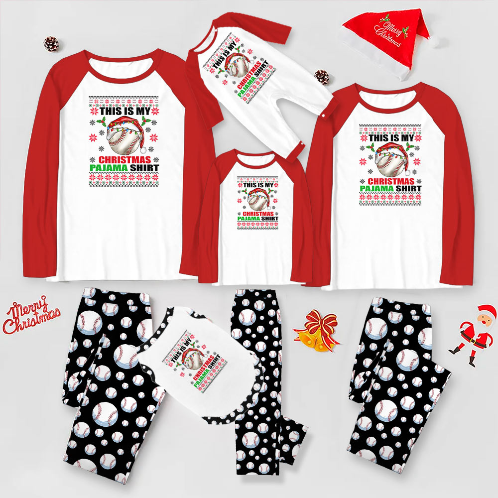 Red and White Family Christmas Pajamas With Festive Baseball Print Red and White Family Christmas Pajamas With Festive Baseball Print