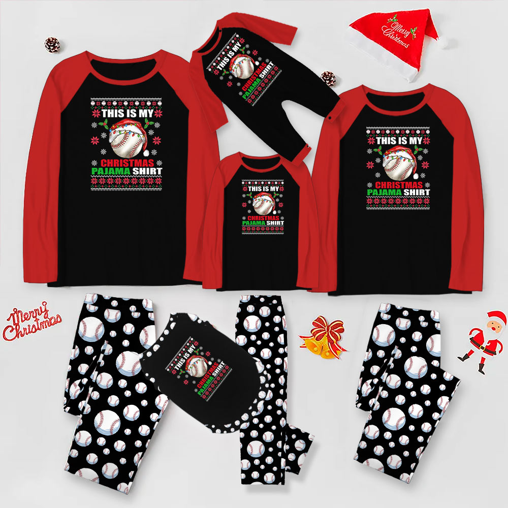 Red and White Family Christmas Pajamas With Festive Baseball Print Red and White Family Christmas Pajamas With Festive Baseball Print