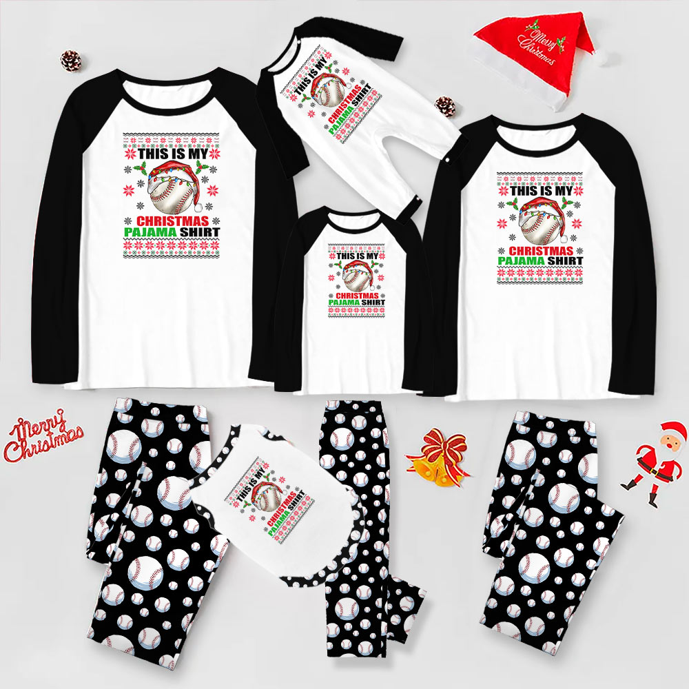 Red and White Family Christmas Pajamas With Festive Baseball Print Red and White Family Christmas Pajamas With Festive Baseball Print
