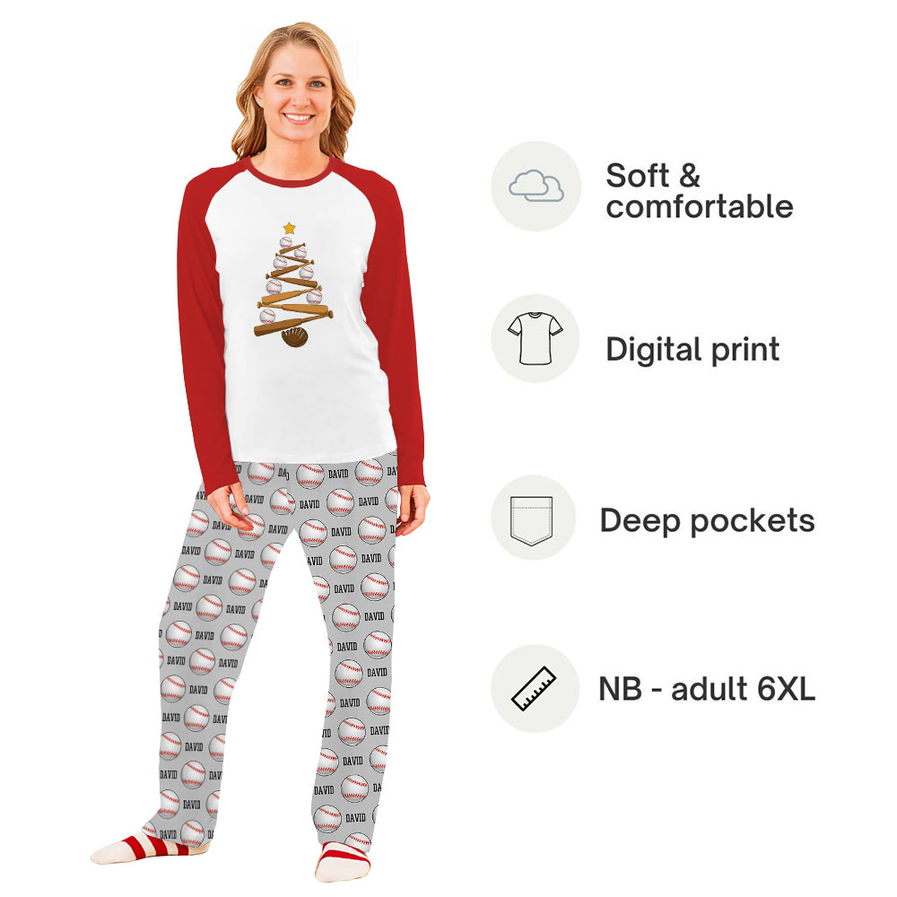 Name Customizable Baseball Christmas Pajamas With Festive Design Name Customizable Baseball Christmas Pajamas With Festive Design