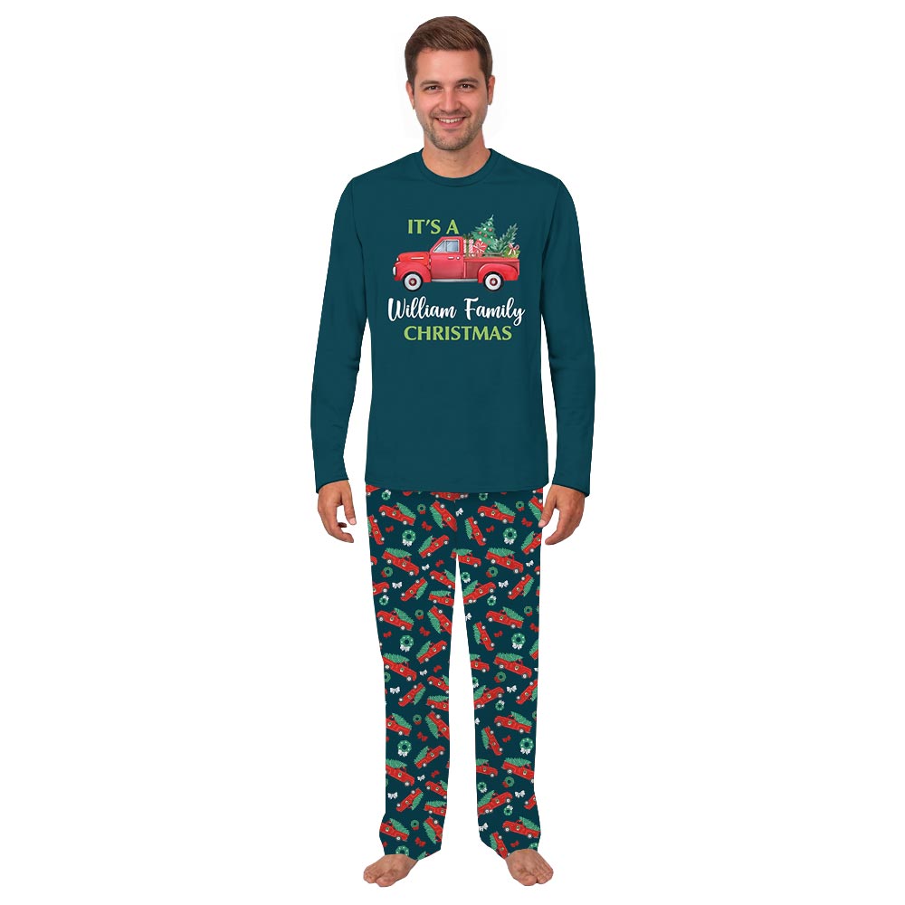 Name Personalized Holiday Pajamas with Red Christmas Truck Name Personalized Holiday Pajamas with Red Christmas Truck