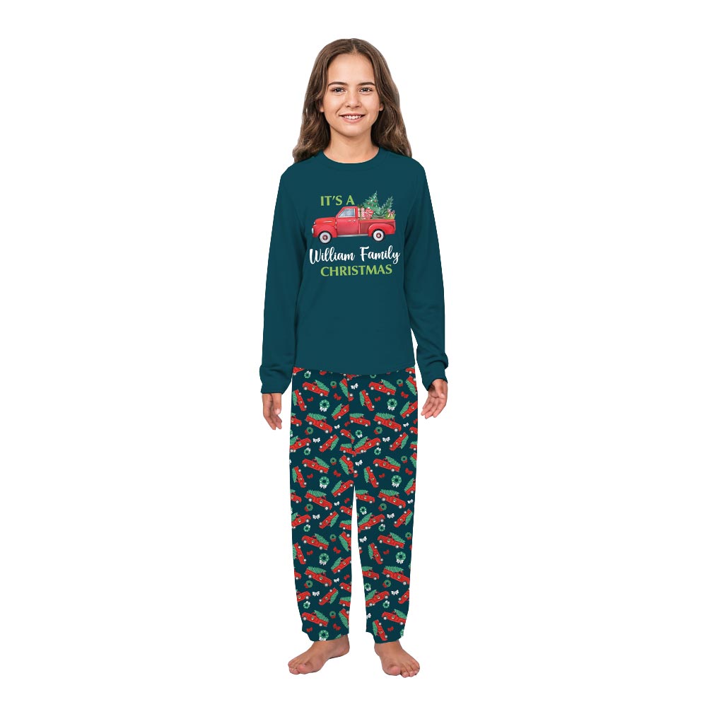 Name Personalized Holiday Pajamas with Red Christmas Truck Name Personalized Holiday Pajamas with Red Christmas Truck