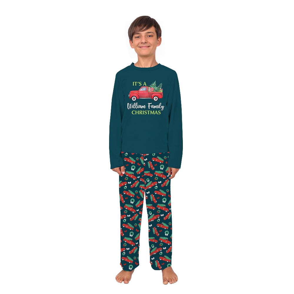 Name Personalized Holiday Pajamas with Red Christmas Truck Name Personalized Holiday Pajamas with Red Christmas Truck