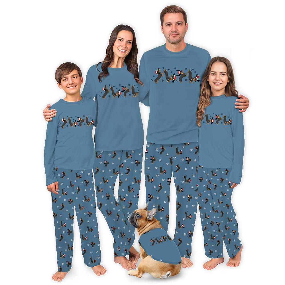 Teal Matching Holiday Pajamas with Dachshund Christmas Theme
