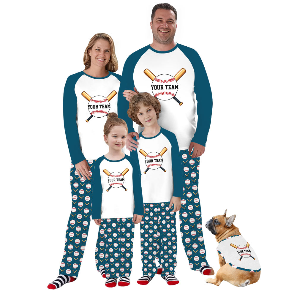 Custom Name Family Baseball Christmas Pajamas In Dark Aqua Blue And White Custom Name Family Baseball Christmas Pajamas In Dark Aqua Blue And White