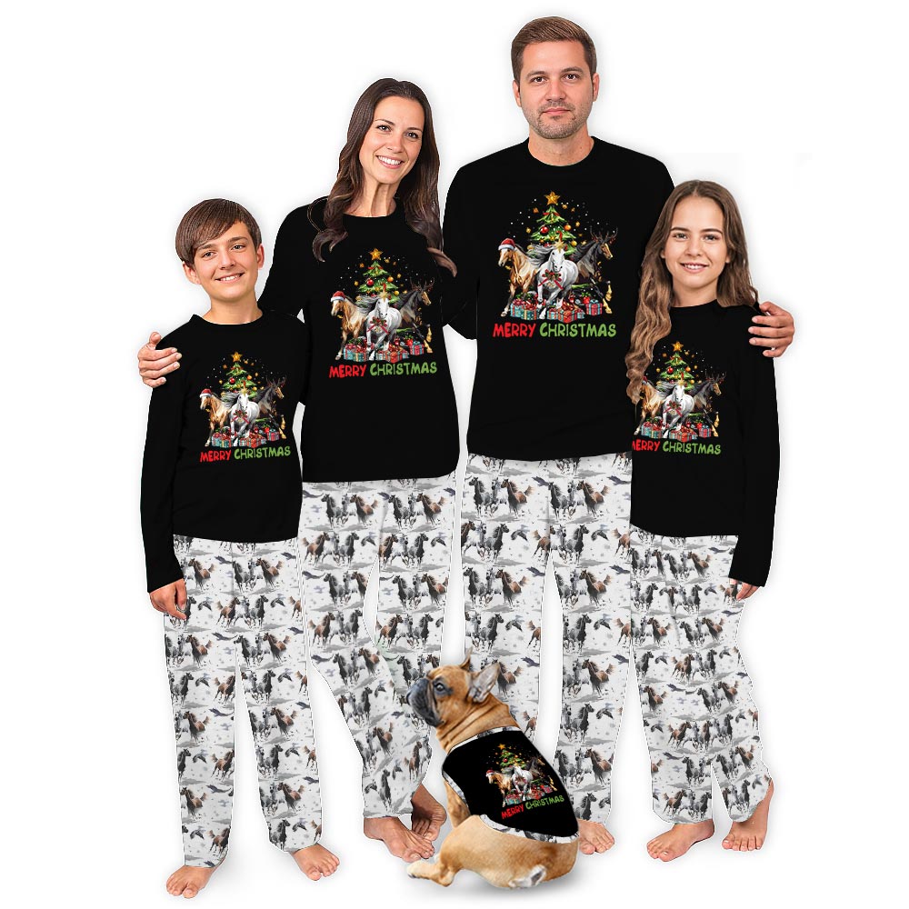 Black Merry Christmas Horse Matching Dog Pajama Set Black Merry Christmas Horse Matching Dog Pajama Set
