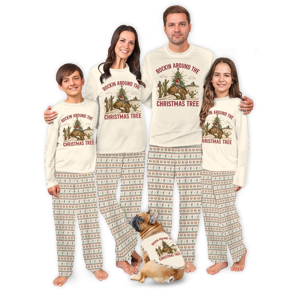 Cream Horse Cactus Pajamas Family and Dog with Design Pants Cream Horse Cactus Pajamas Family and Dog with Design Pants