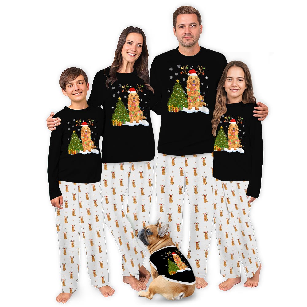 Black and White Golden Retriever Dog Matching Christmas Pajamas Black and White Golden Retriever Dog Matching Christmas Pajamas