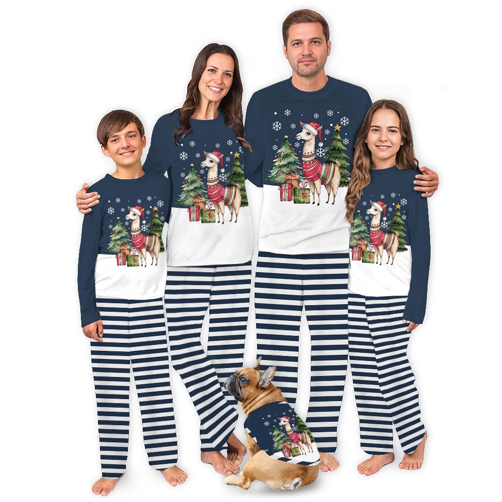 Navy Llama and Christmas Theme Family Pajamas With Dog Navy Llama and Christmas Theme Family Pajamas With Dog