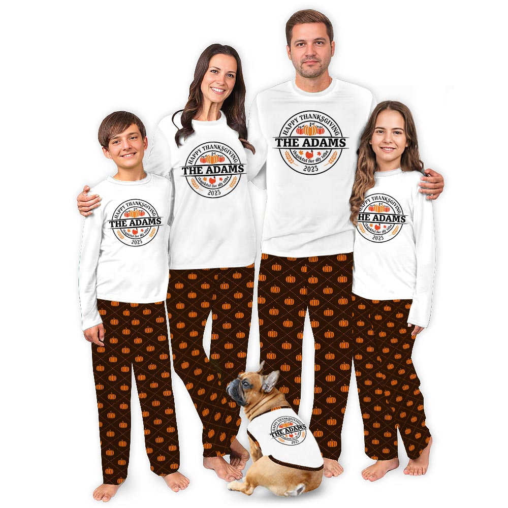Thanksgiving Family Name Custom Family Pajamas with Pumpkin Thanksgiving Family Name Custom Family Pajamas with Pumpkin