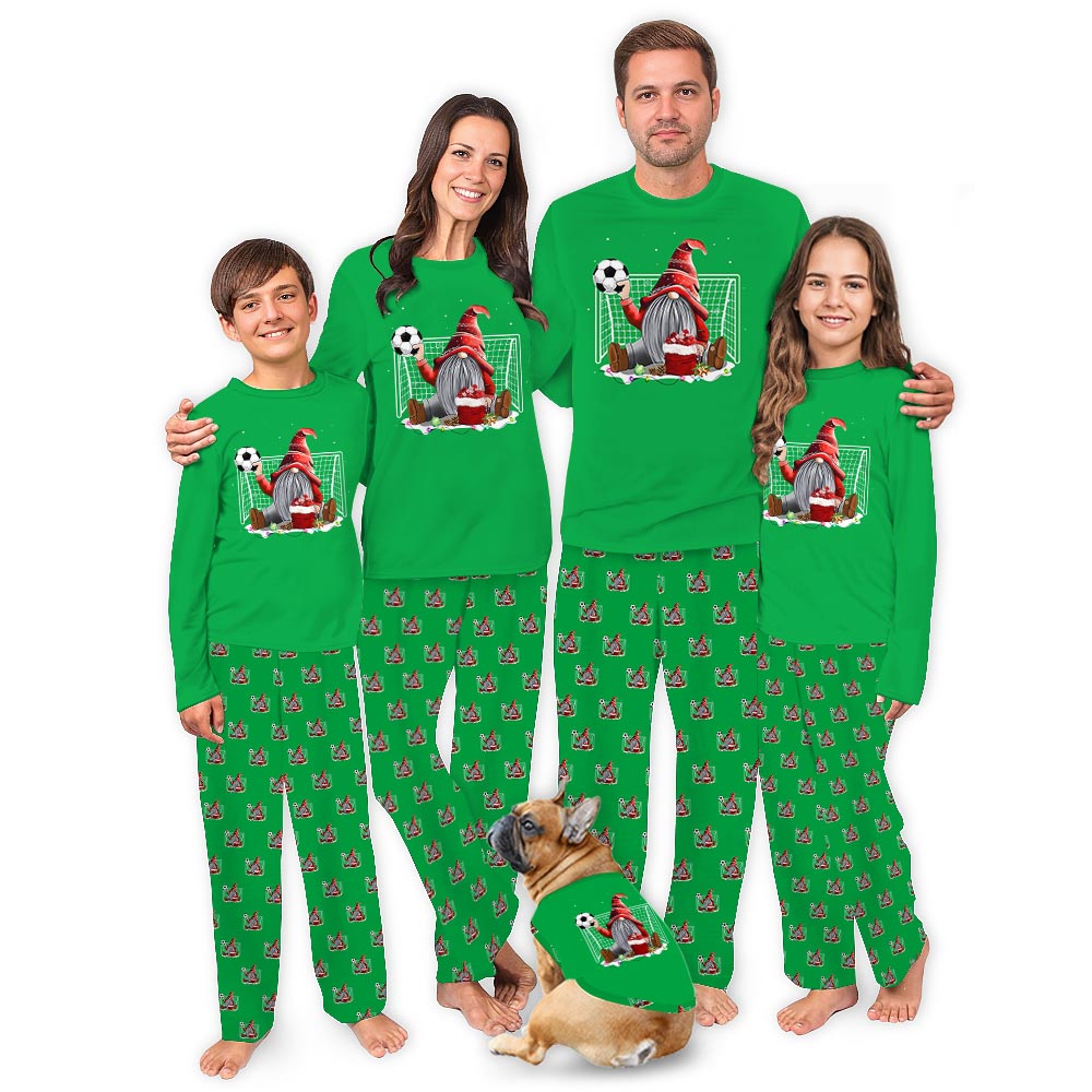 Gnome Playing Christmas Soccer People And Dog Matching Pajamas Gnome Playing Christmas Soccer People And Dog Matching Pajamas