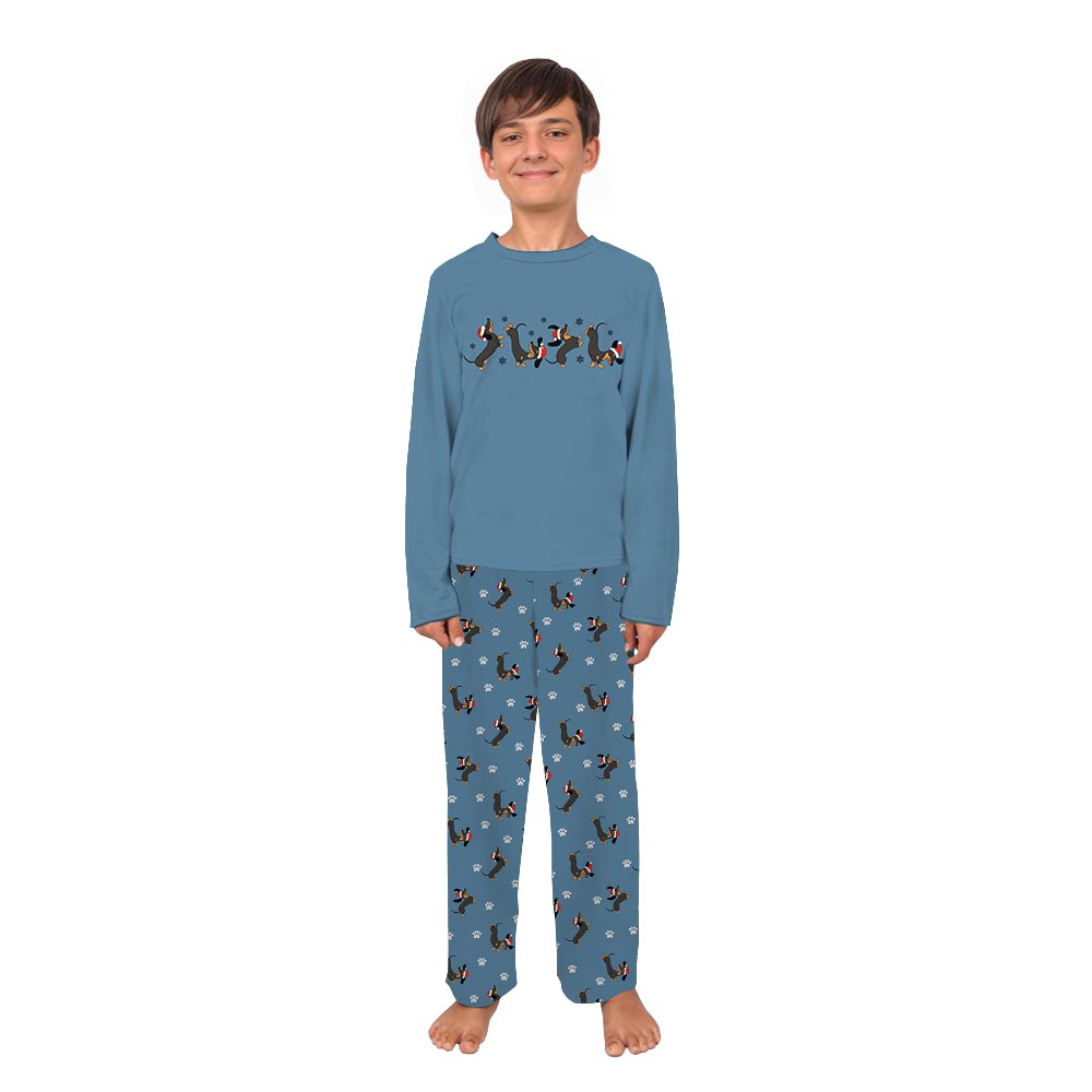 Teal Matching Holiday Pajamas with Dachshund Christmas Theme