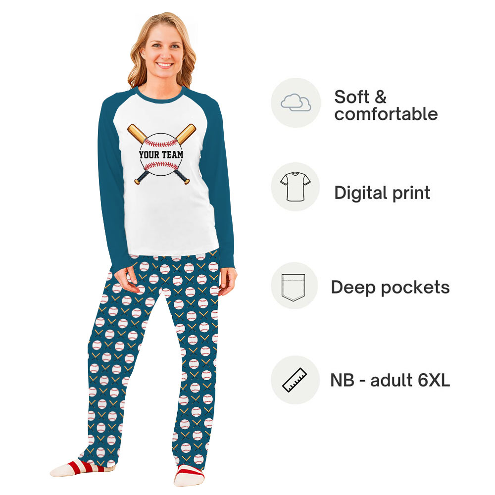 Custom Name Family Baseball Christmas Pajamas In Dark Aqua Blue And White Custom Name Family Baseball Christmas Pajamas In Dark Aqua Blue And White