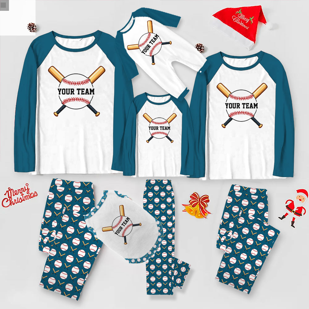 Custom Name Family Baseball Christmas Pajamas In Dark Aqua Blue And White Custom Name Family Baseball Christmas Pajamas In Dark Aqua Blue And White