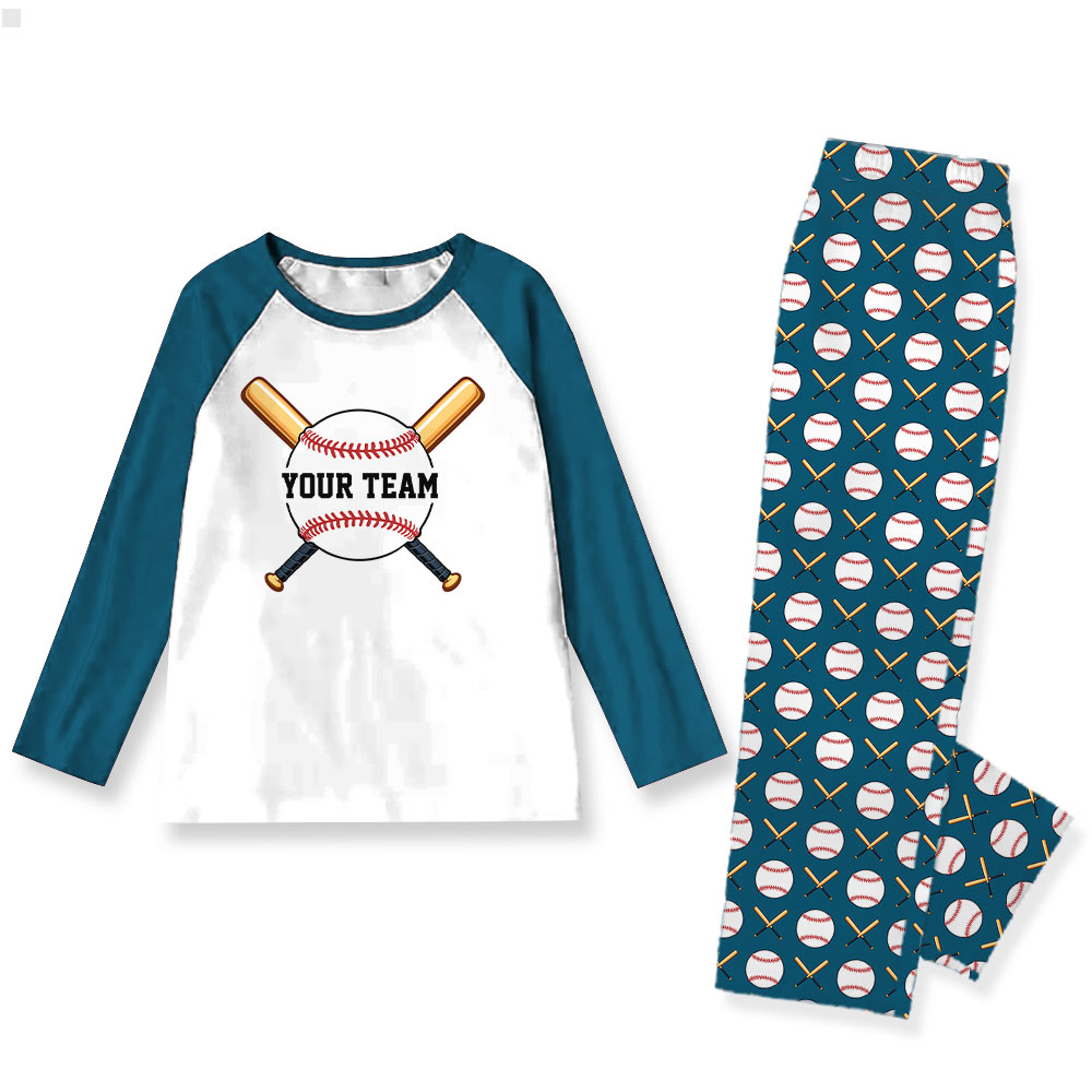 Custom Name Family Baseball Christmas Pajamas In Dark Aqua Blue And White Custom Name Family Baseball Christmas Pajamas In Dark Aqua Blue And White