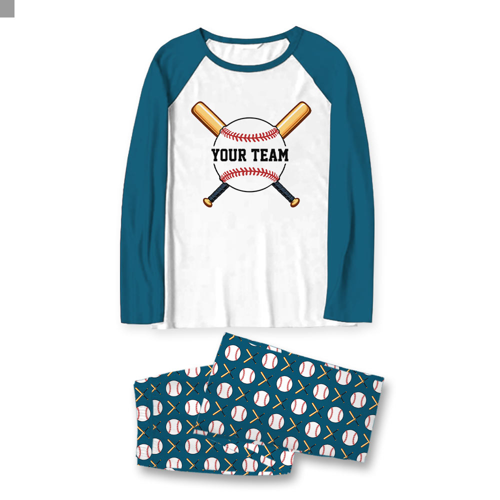 Custom Name Family Baseball Christmas Pajamas In Dark Aqua Blue And White Custom Name Family Baseball Christmas Pajamas In Dark Aqua Blue And White
