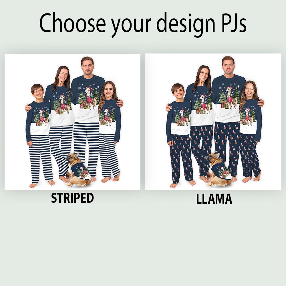 Navy Llama and Christmas Theme Family Pajamas With Dog Navy Llama and Christmas Theme Family Pajamas With Dog