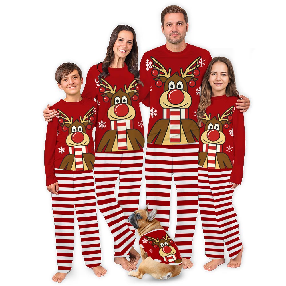 Red Reindeer Xmas Pjs For Family And Dog