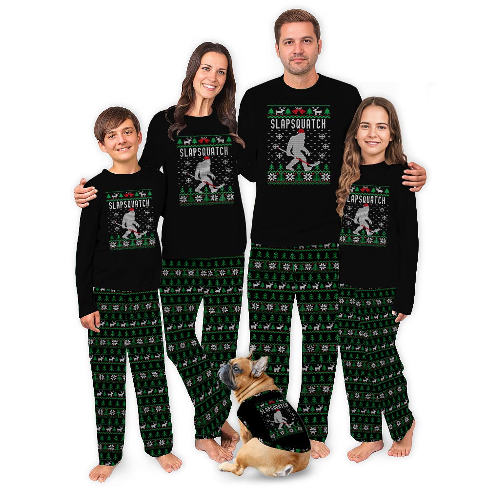 Black Bigfoot Playing Hockey Dog Owner Christmas Pajamas Black Bigfoot Playing Hockey Dog Owner Christmas Pajamas