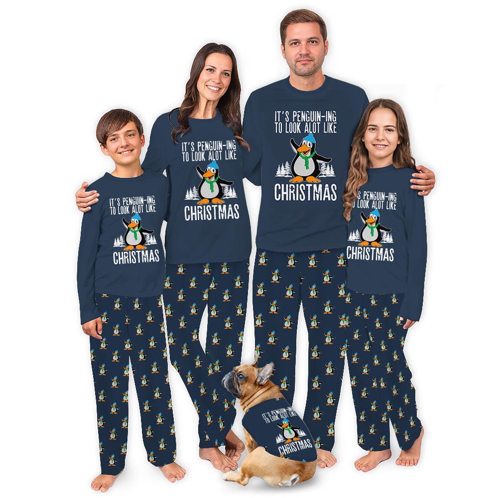 Navy Christmas Penguin Themed Holiday Family Pajamas With Dog Navy Christmas Penguin Themed Holiday Family Pajamas With Dog