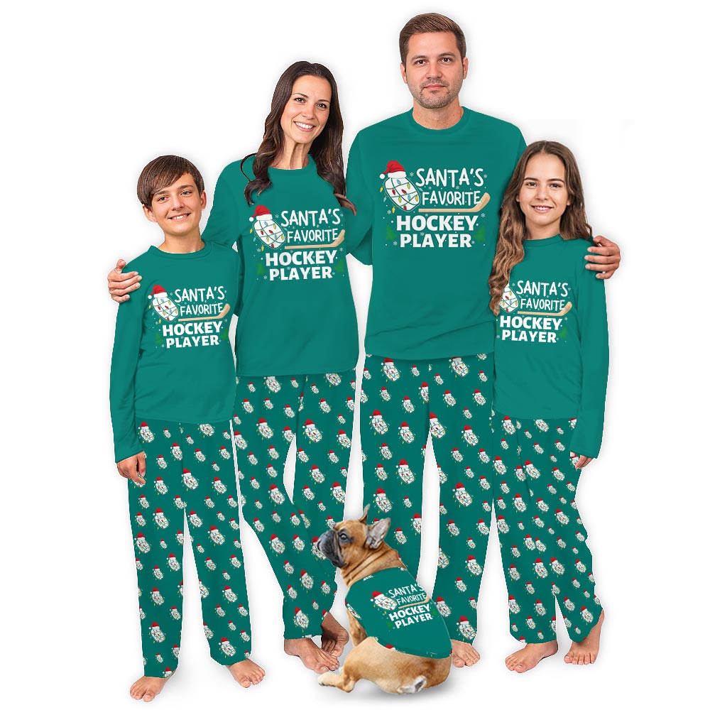 Green Santa Favorite Hockey Player Matching Pj Set With Dog Green Santa Favorite Hockey Player Matching Pj Set With Dog