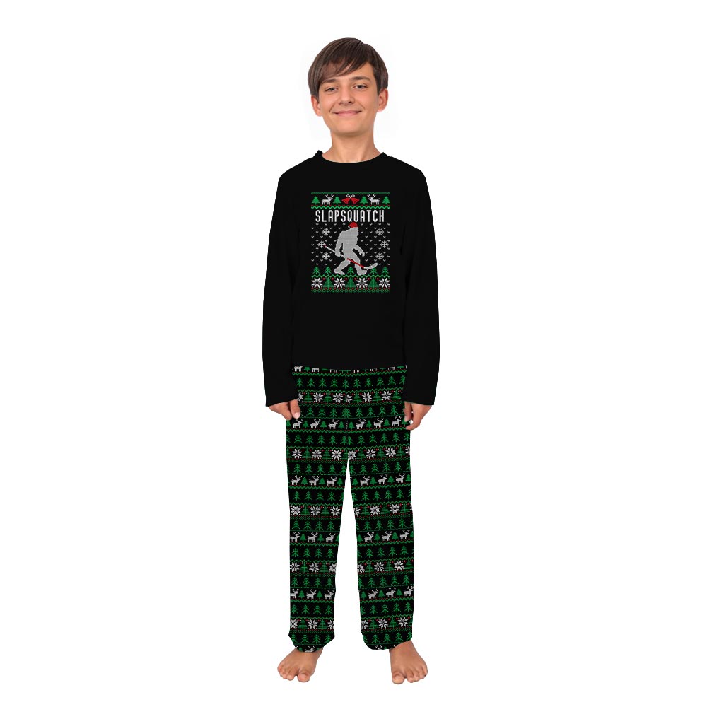 Black Bigfoot Playing Hockey Dog Owner Christmas Pajamas Black Bigfoot Playing Hockey Dog Owner Christmas Pajamas