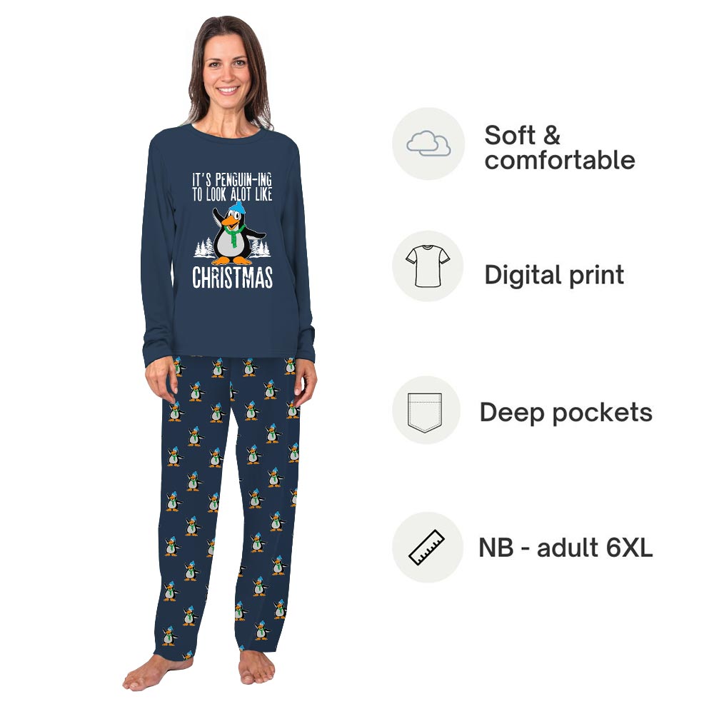 Navy Christmas Penguin Themed Holiday Family Pajamas With Dog Navy Christmas Penguin Themed Holiday Family Pajamas With Dog