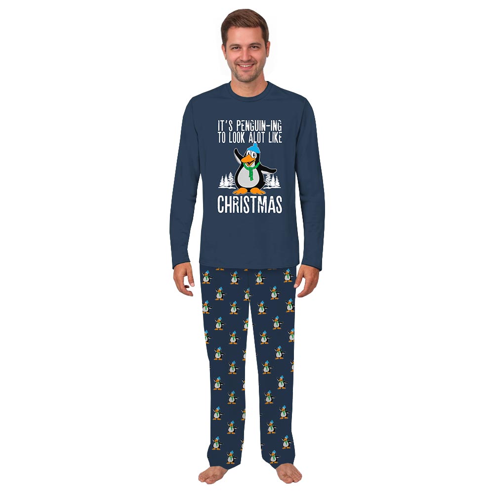 Navy Christmas Penguin Themed Holiday Family Pajamas With Dog Navy Christmas Penguin Themed Holiday Family Pajamas With Dog