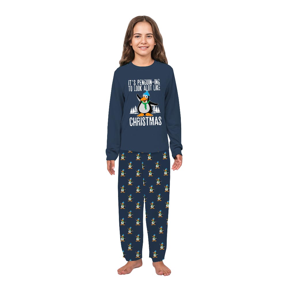 Navy Christmas Penguin Themed Holiday Family Pajamas With Dog Navy Christmas Penguin Themed Holiday Family Pajamas With Dog