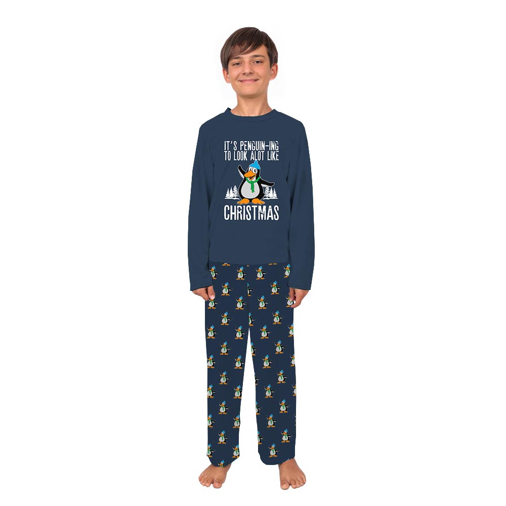 Navy Christmas Penguin Themed Holiday Family Pajamas With Dog Navy Christmas Penguin Themed Holiday Family Pajamas With Dog