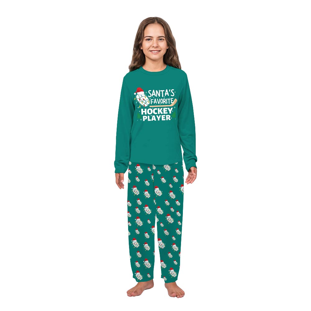 Green Santa Favorite Hockey Player Matching Pj Set With Dog Green Santa Favorite Hockey Player Matching Pj Set With Dog