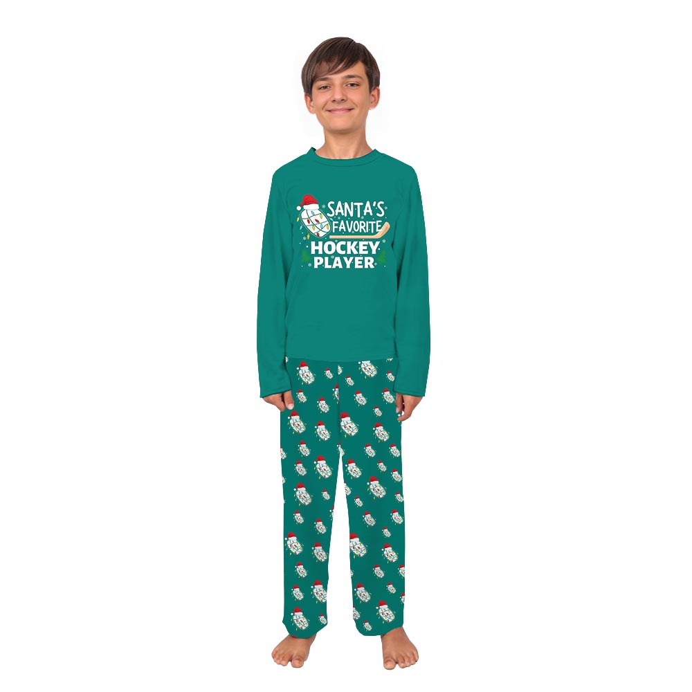 Green Santa Favorite Hockey Player Matching Pj Set With Dog Green Santa Favorite Hockey Player Matching Pj Set With Dog
