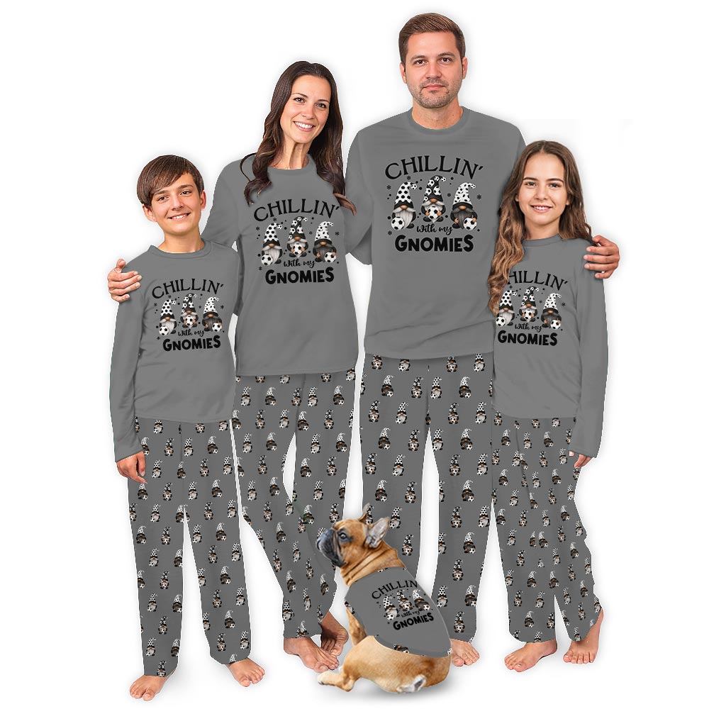 Gray Dog Matching Pajama Set with Gnomies Soccer Fun Gray Dog Matching Pajama Set with Gnomies Soccer Fun